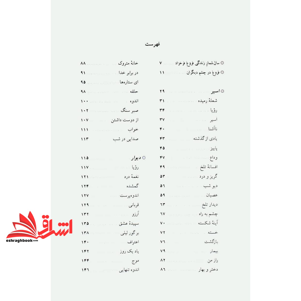 کتاب مجموعه اشعار فروغ فرخزاد: پنج دفتر شعر: اسیر، دیوار، عصیان، تولدی دیگر، ایمان بیاوریم به آغاز فصل سرد ...
